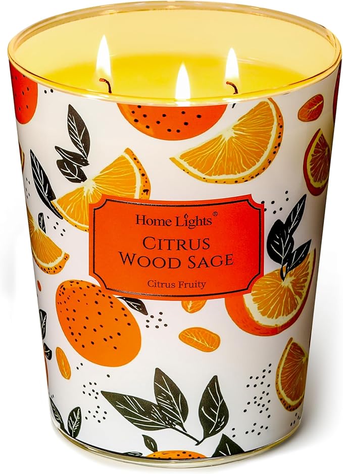 HomeLights Citrus Wood Sage Scented Candles | 34oz Soy Candles Eclectic Mixed Styles 3-Wick Large