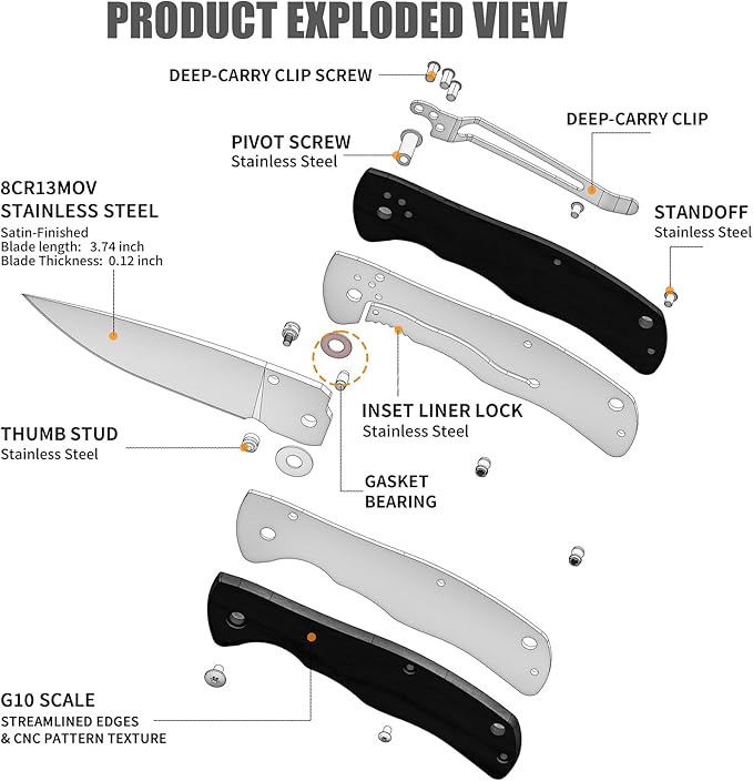 Vickay Pocket Knife for Men, Folding Knife with Clip, 3.74-inch 8Cr13MoV Steel Blade, G10 Handle
