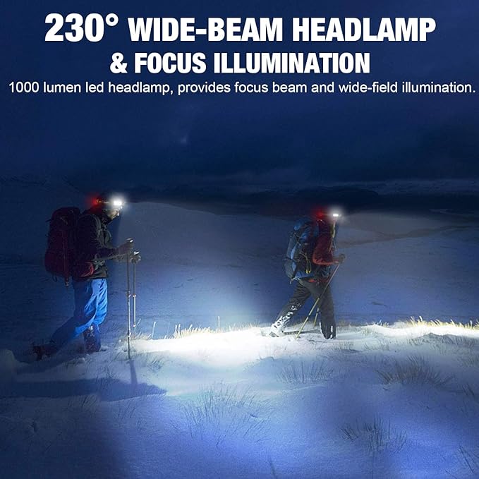 LED Headlamp, 1000lumens 230° Widebeam Headlight 3Packs, USB Rechargeable HeadLamp with Red