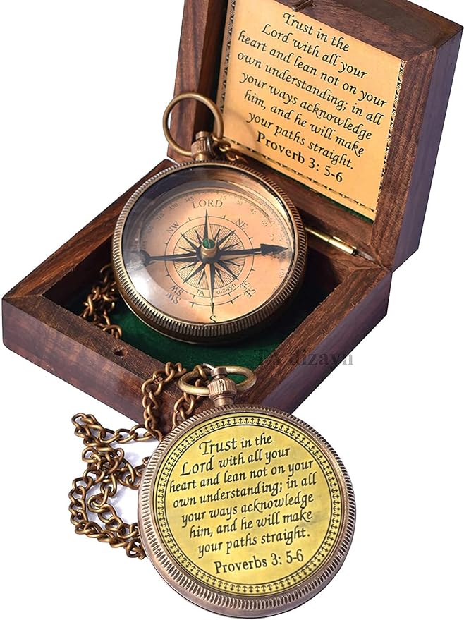 Trust in The Lord With All Your Heart - Proverbs 3:5-6 Quote Engraved Compass With Wooden Box