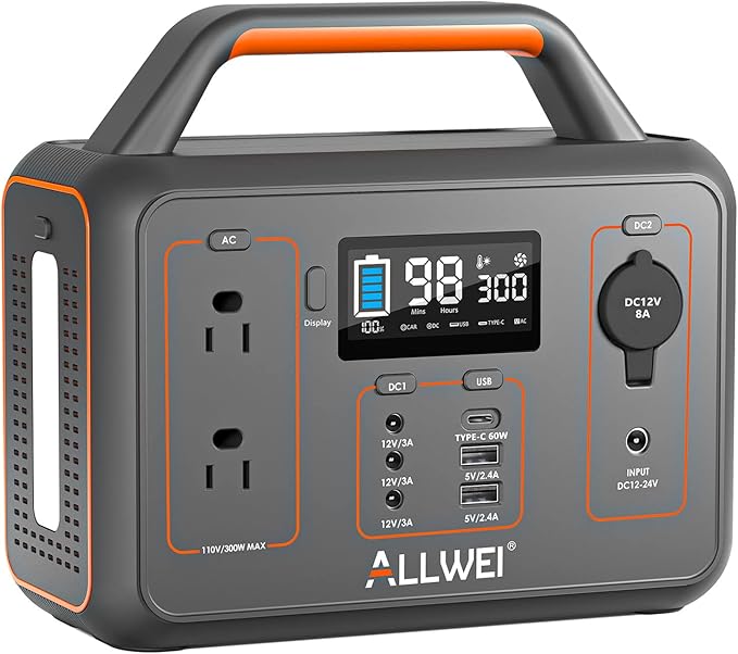 ALLWEI Portable Power Station 300W, 280Wh Solar Generator with 110V Pure Sine Wave AC Outlet