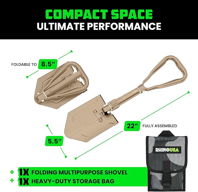 RHINO USA Folding Survival Shovel w/Pick - Heavy Duty Carbon Steel Military Style Entrenching Tool