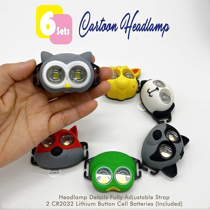Headlamp for Kids, Battery Powered LED Headlamps, Owl Frog Giraff Dog Fox Raccoon Theme Gift for