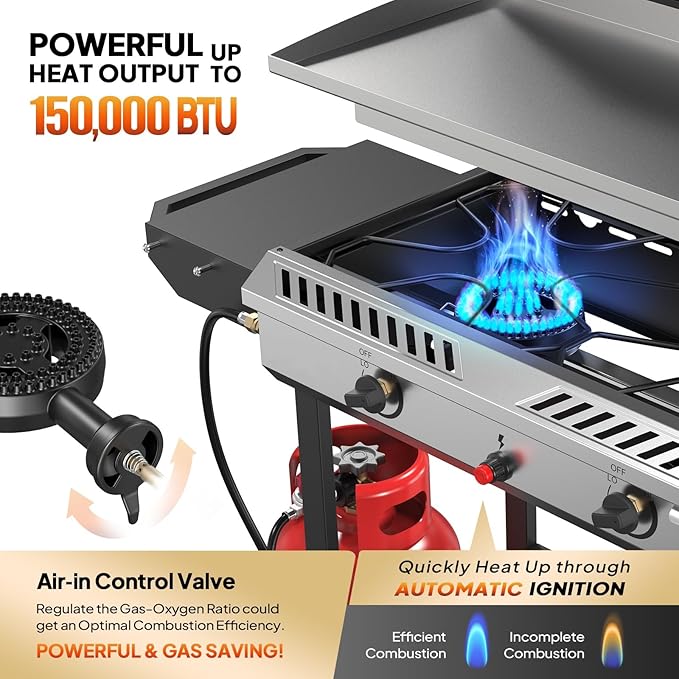 Bonnlo 2-in-1 Propane Stove and Griddle, Iginition Outdoor Gas Cooker with Storage Shelf and