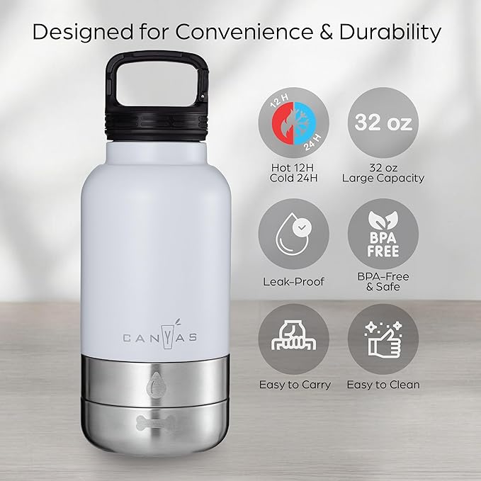 Insulated 32oz Stainless Steel Dog Water Bottle with Food & Water Bowls, Leak-Proof Pet Travel