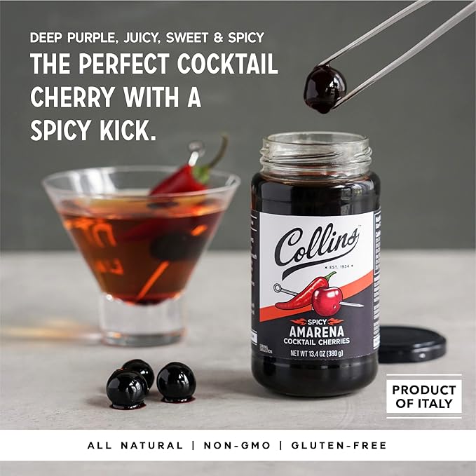 Collins Spicy Amarena Cherries in Syrup, Black Cherries for Old Fashioned or Manhattan, Cocktail