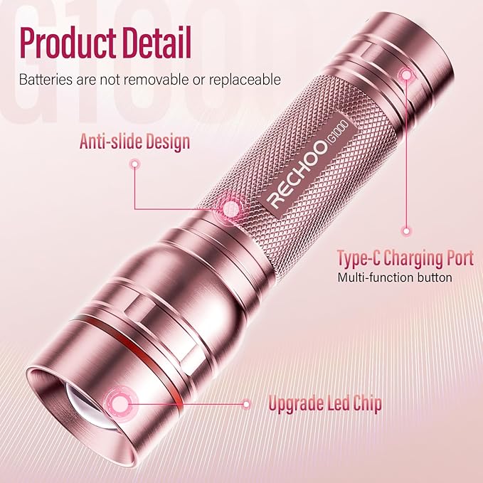 Rechargeable Flashlights High Lumens, G1000 Super Bright Flash Light Pink, Small Zoomable LED