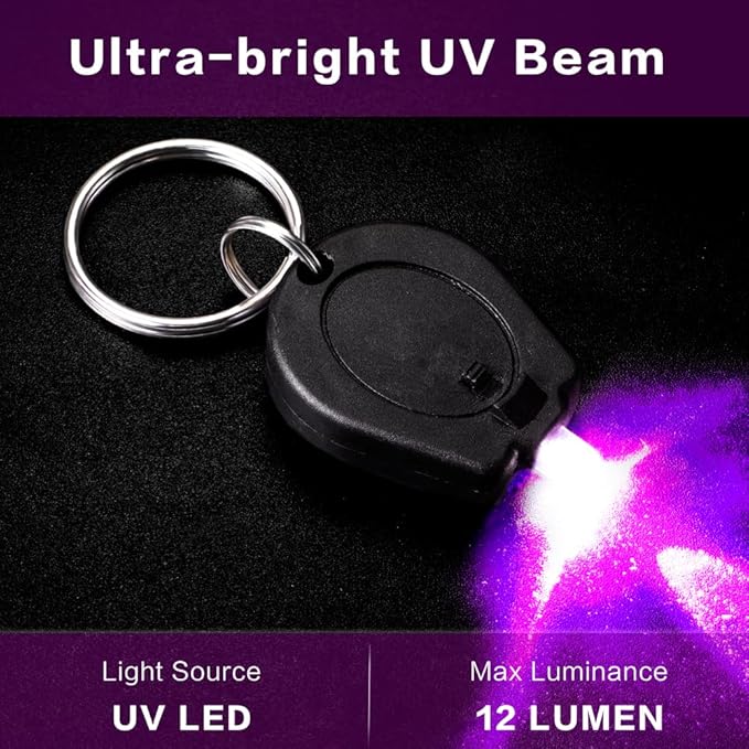 12 Pack Mini UV LED Keychain Flashlight, 395nm Ultra Violet Flashlight, UV Keychain Flashlight