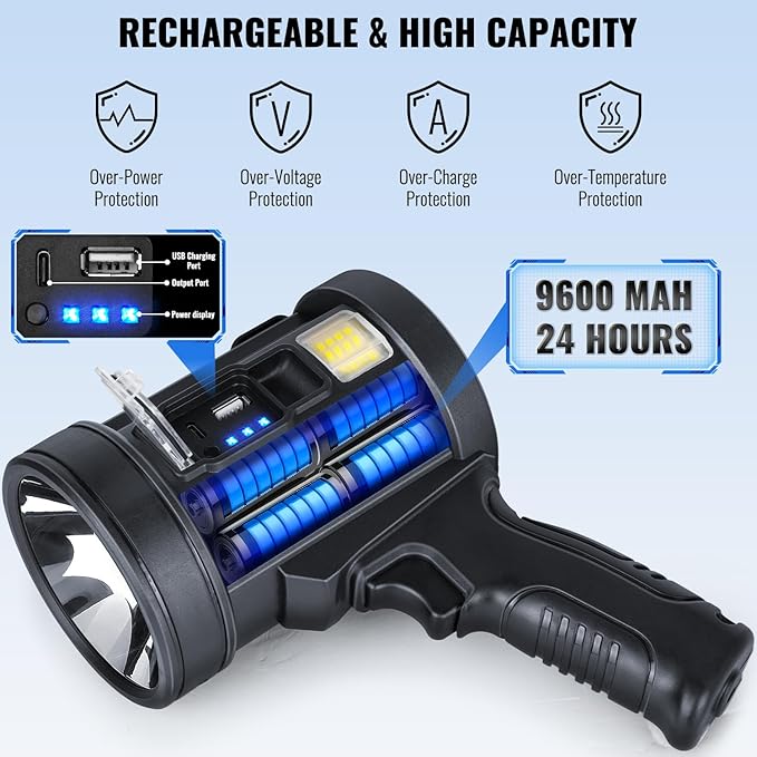 Rechargeable Spotlight Flashlight, 99,000 Lumens Spot Light Handheld Spot Lights, LED Spotlights