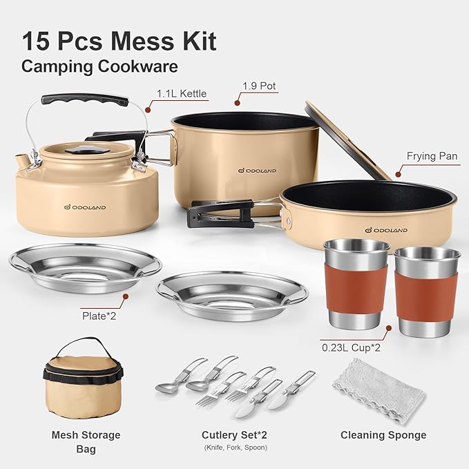 Odoland 15pcs Camping Cookware Mess Kit, Non-Stick Lightweight Pot Pan Kettle Set with Stainless