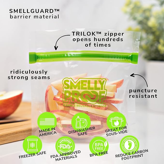 Smelly Proof 10 x Expandable Stand-Up & Fill REUSABLE Storage Bags for Food Designed & Mfg in US