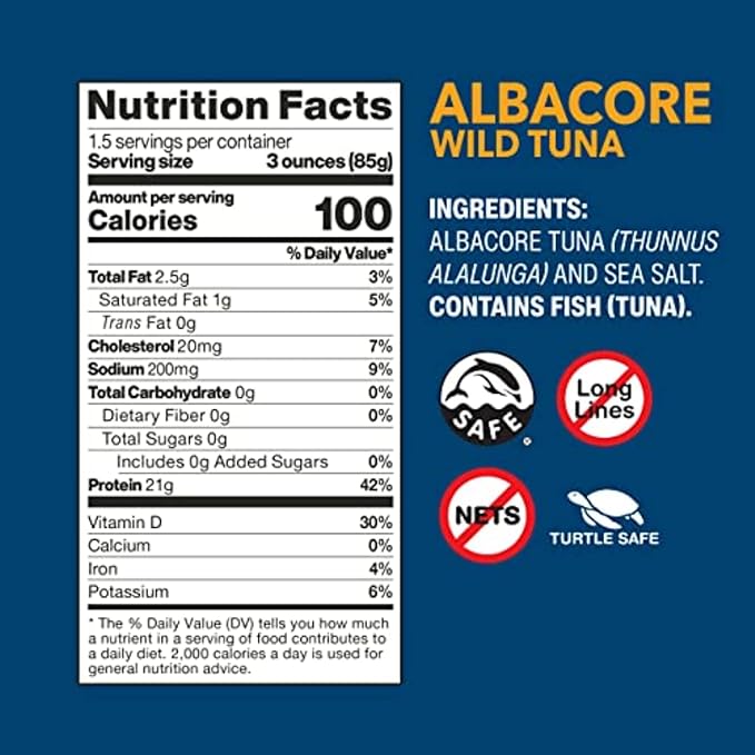 Wild Planet Albacore Wild Tuna, Sea Salt, Canned Tuna, Sustainably Wild-Caught, Pole & Line
