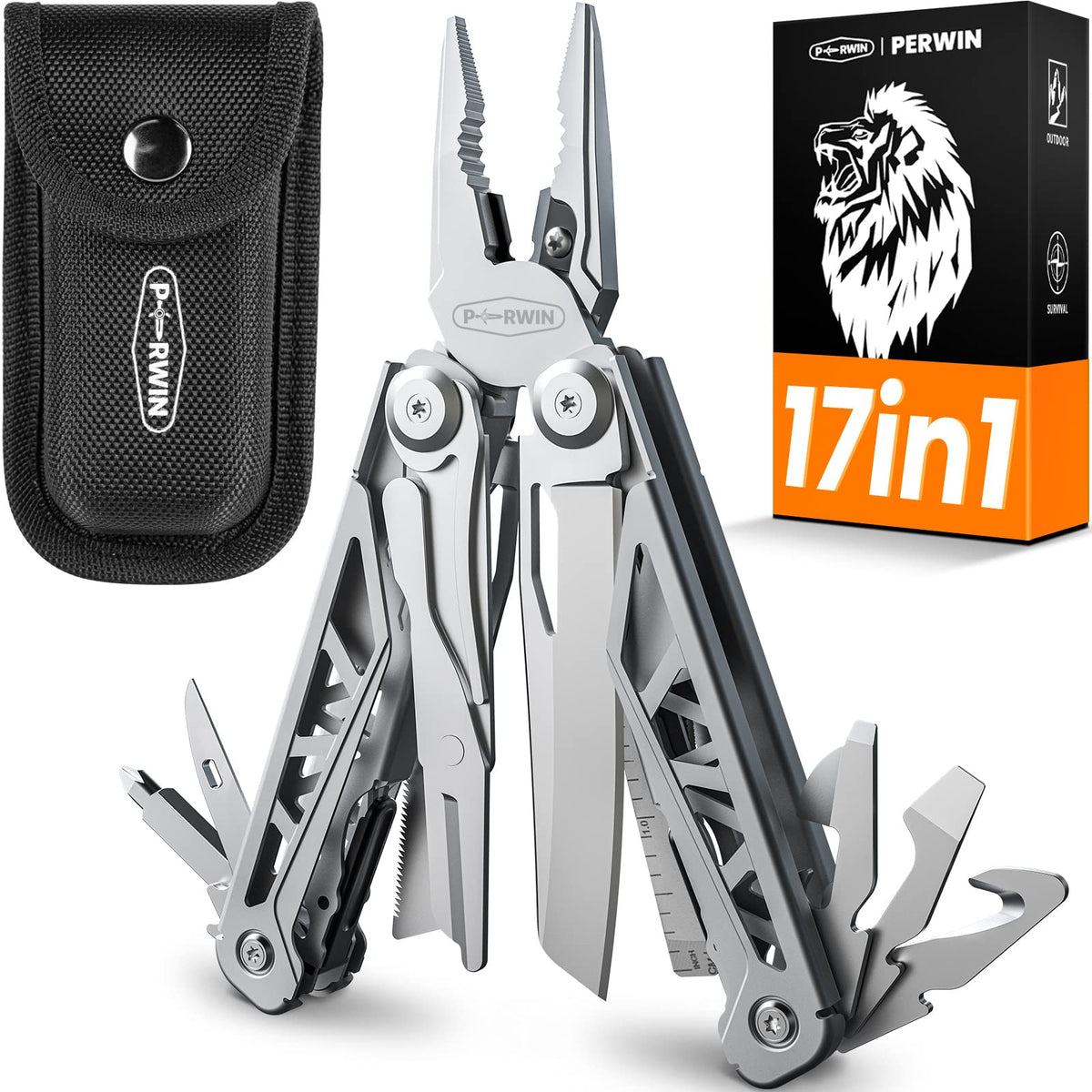PERWIN Multitool, 17-in-1 Stainless Steel Multi Tool Pliers with Self-Locking, Pocket Knife, Nylon