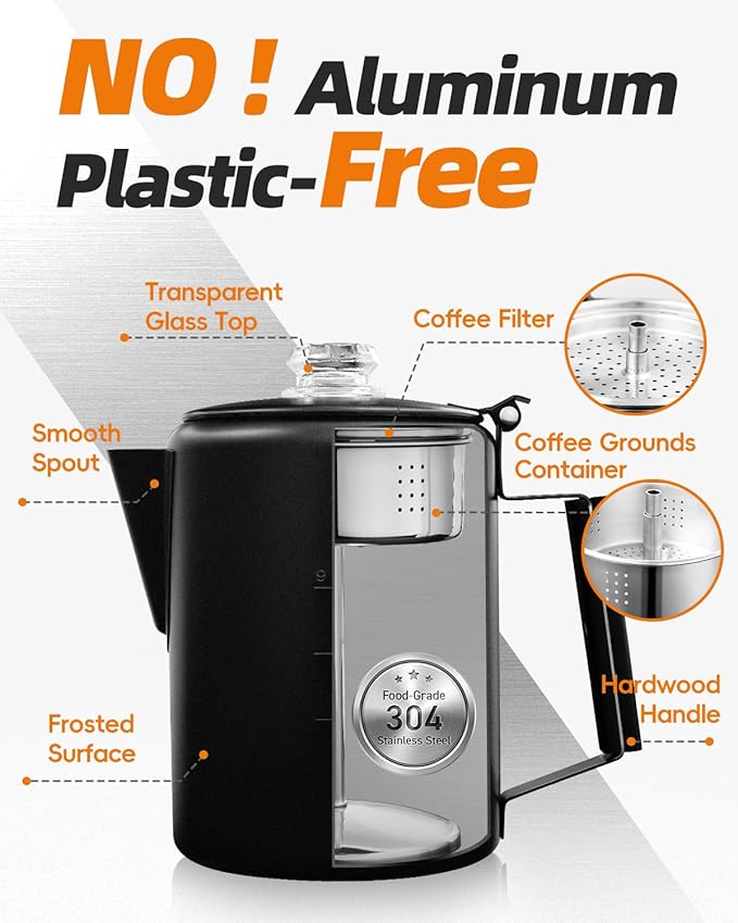 MEREZA Coffee Percolator Stovetop Camping Coffee Pot Stainless Steel 9 CUP Camping Coffee Maker
