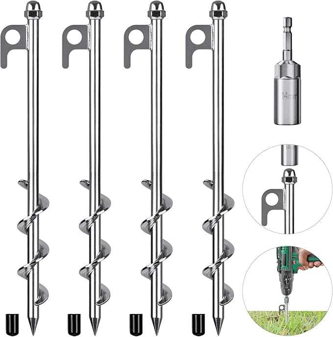 4 Pack Tent Stakes, 12 Inch Heavy Duty Ground Anchors, Fully Welded Spiral Earth Anchors for