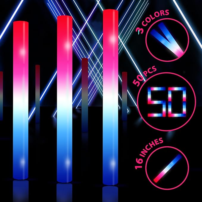 50Packs 3 Colors Foam Glow Sticks Red White Blue, Patriotic Events Parades, Party Decorations