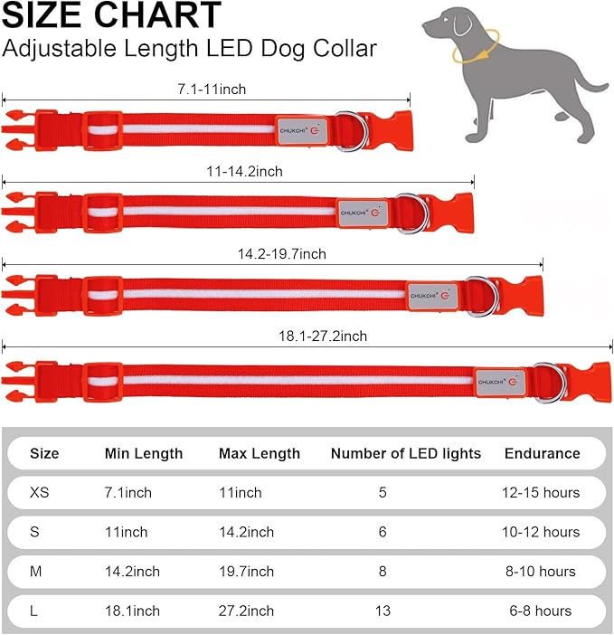 CHUKCHI LED Dog Collar Rechargeable,Waterproof Flashing Collar,Light Up Glow Collar, Adjustable