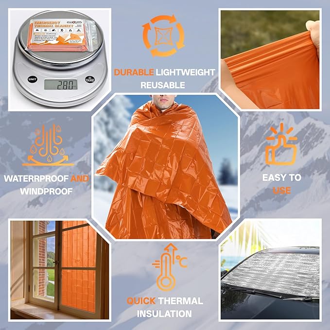 SecuCaptain Survival Emergency Thermal Blankets: Thicken 28um Space Mylar Blanket Kit for Outdoor
