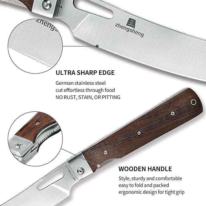 Folding Chef Knife with Nylon Pouch 4.8" Sharp 440A Stainless Steel Blade Wooden Handle Pocket