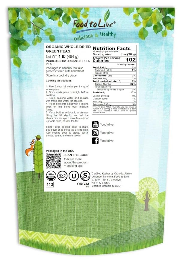 Food to Live Organic Whole Dried Green Peas, 1 Pound – Non-GMO, Green Vatana, Sproutable, Vegan