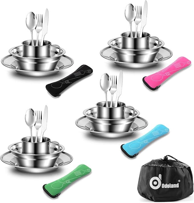 Odoland 29pcs Stainless Steel Utensils Camping Tableware Kit with Bowls Plates Cups Forks Spoons