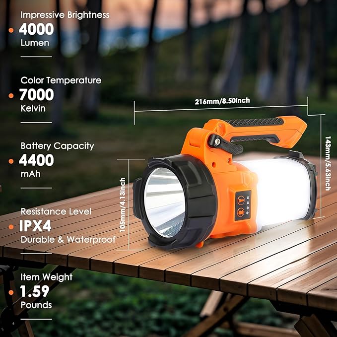 Tripod Rechargeable Camping Lantern, 6 Modes LED Flashlight Handheld Spotlight with 4000LM, 4400mAh