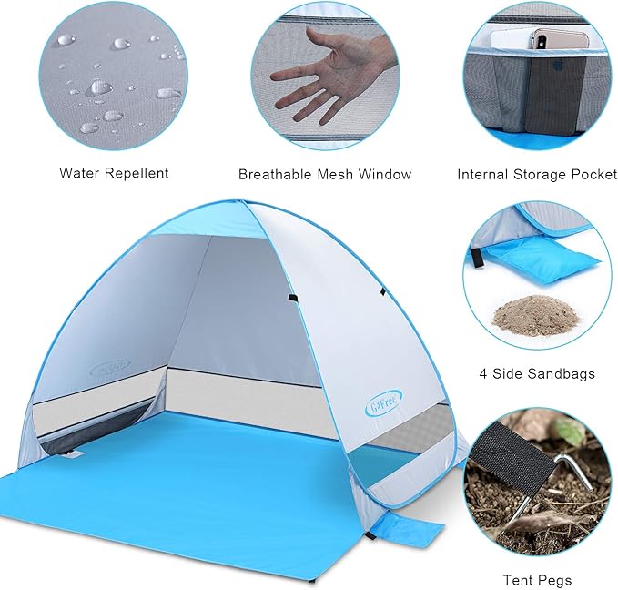 G4Free Large Pop up Beach Tent for 3-4 Person, UPF 50+ Automatic Sun Shelter Canopy Portable