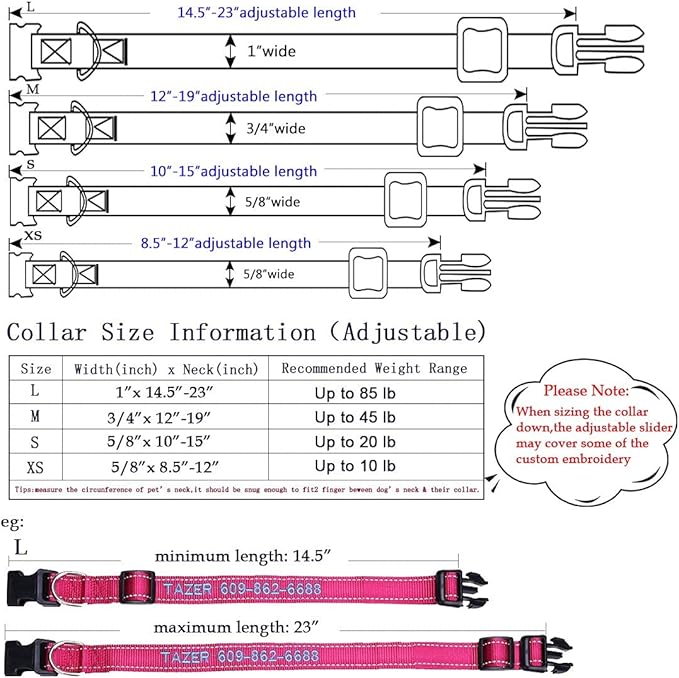 Personalized Dog Collar, Custom Embroidered Pet Name and Phone Number 4 Adjustable Sizes X-Small