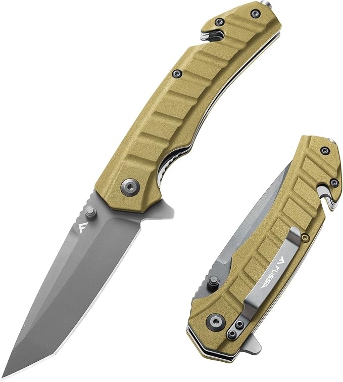 FLISSA Folding Pocket Knife, Tactical Knife with Liner Lock, Tanto Blade, Pocket Clip, Glass
