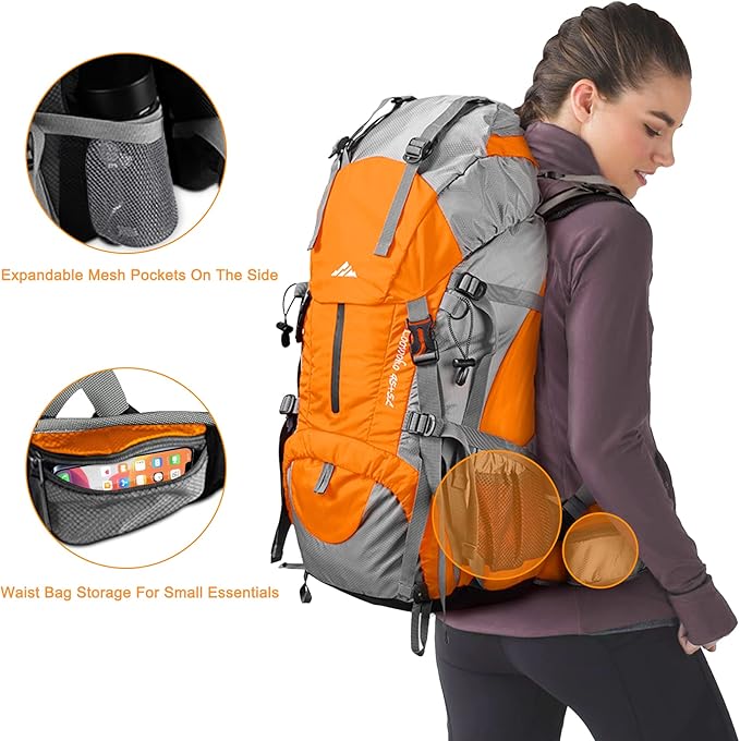 Loowoko 50L Hiking Backpack, Waterproof Camping Essentials Bag with Rain Cover, 45+5 Liter