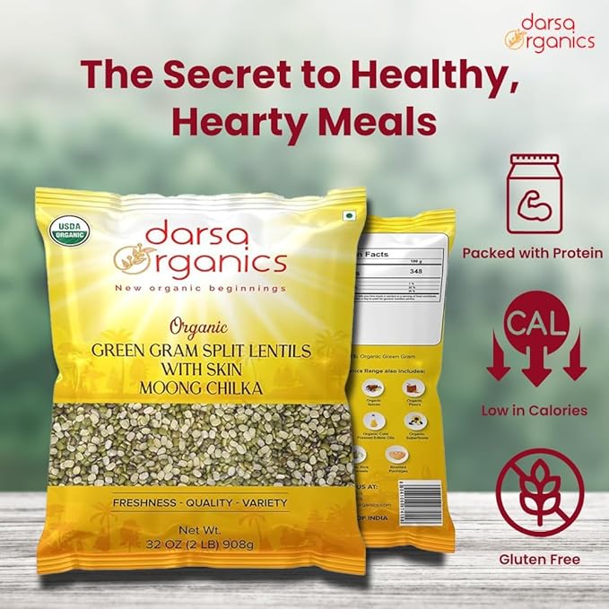 Darsa Organics Mung Split Lentils with Skin, Moong Dal with Skin 2 lb - USDA Organic Green Lentils