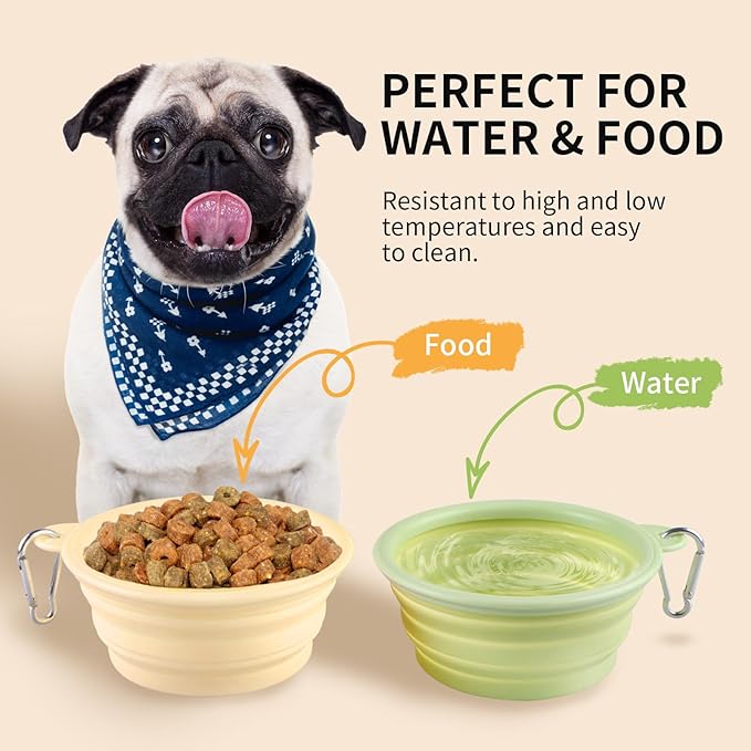 Collapsible Dog Bowls 2-Pack, Portable Travel Dog Bowl with Carabiner, Food-Grade Silicone Pet Bowl