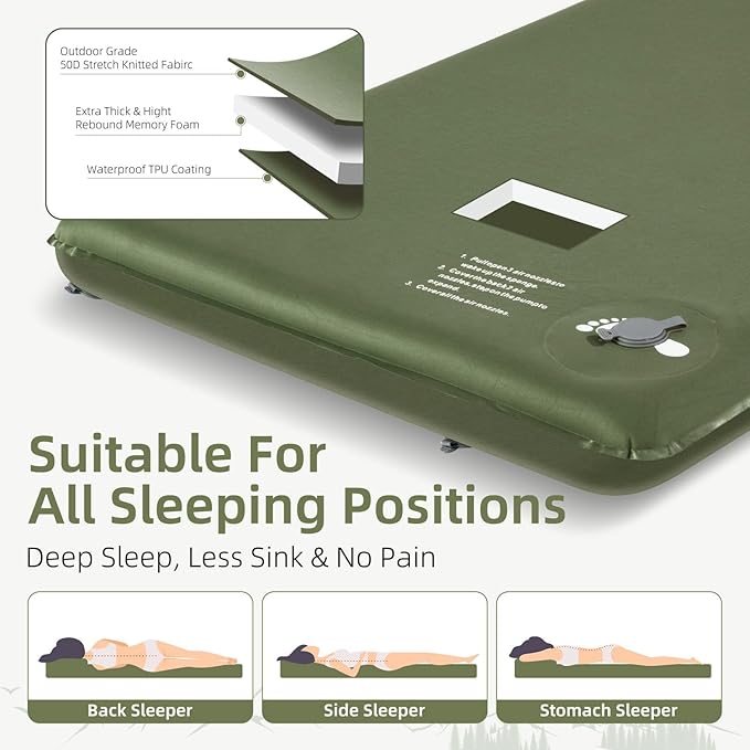 Memory Sleeping Pad, 3.1" Ultra-Thick Foam Sleeping Mats for Camping, Easy Inflate&Deflate,9.5