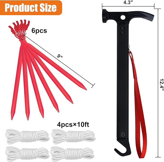 Eurmax USA Hiking Camping Tent Stakes and Hammer Set Lightweight Multi-Function Tent Hammer with