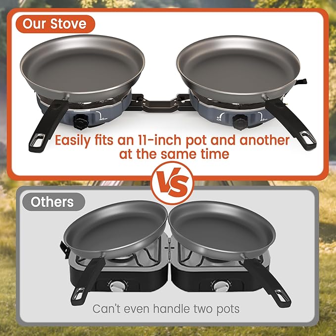 20,000 BTUs 2 Burner Propane Camping Stove, Portable Folding Camp Stove with Adjustable Burners