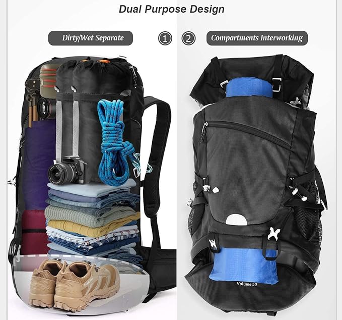 HOMIEE 50L Hiking Backpack Travel Bag Waterproof Camping Rucksack with Rain Cover Lightweight
