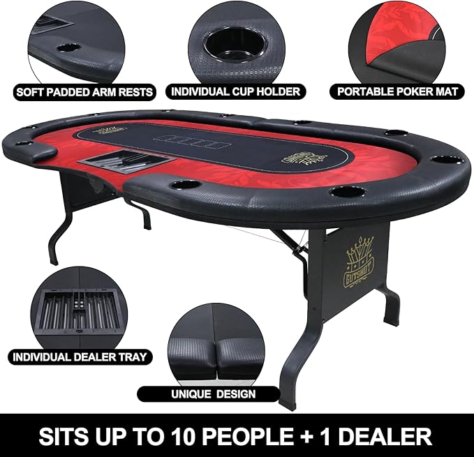 GUTSHOT Foldable Poker Table for 10 Players with 10 Chairs and Poker Chips Set - Premium