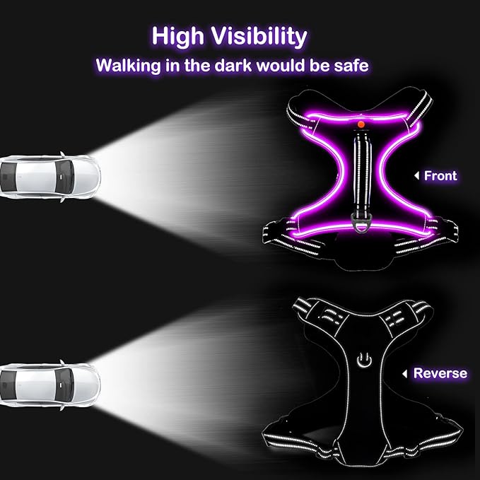 Light Up Dog Harness, No Pull LED Dog Harness with Handle, Rechargeable Lighted Safety Vest for