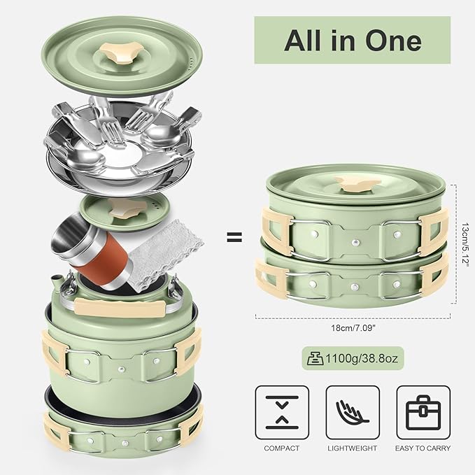 Odoland 15pcs Camping Cookware Mess Kit, Non-Stick Lightweight Pot Pan Kettle Set with Stainless