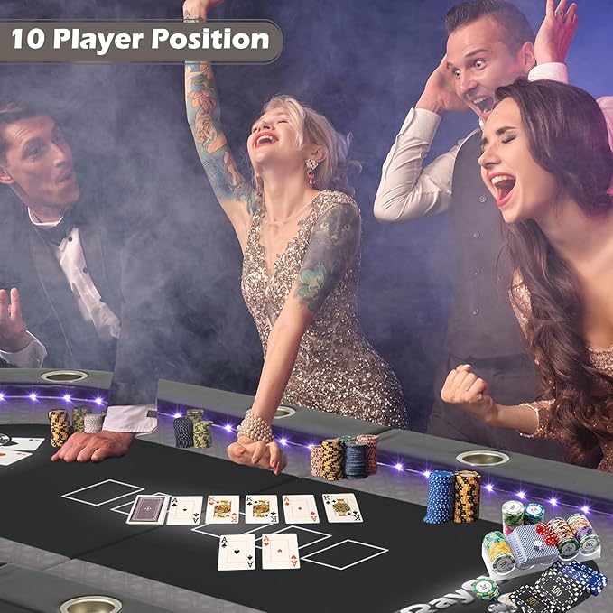 LED Poker Table, 84" 10 Player Foldable Texas Holdem Table w/Inlaid LED Light, 2 USB & 2 Type-c