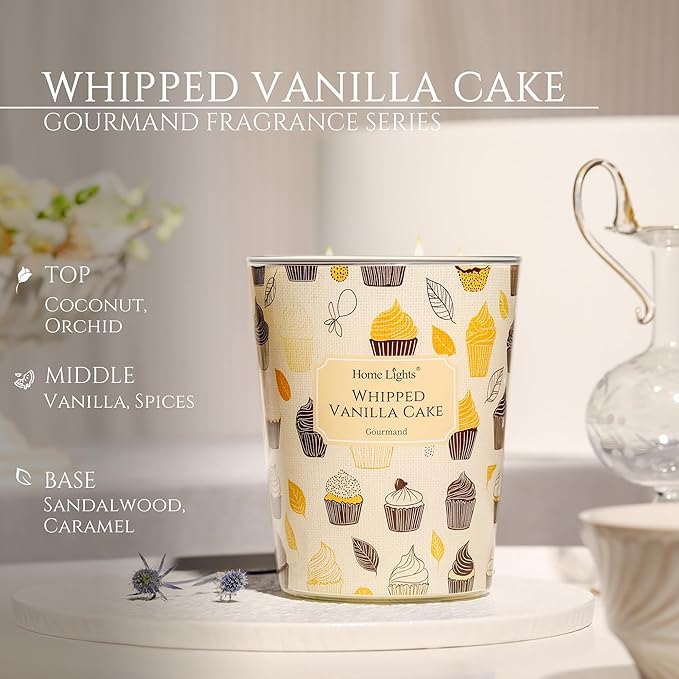 HomeLights Soy Wax Candles for Home Scented, 3-Wick Candles in Whipped Vanilla Cake Scented, Rustic