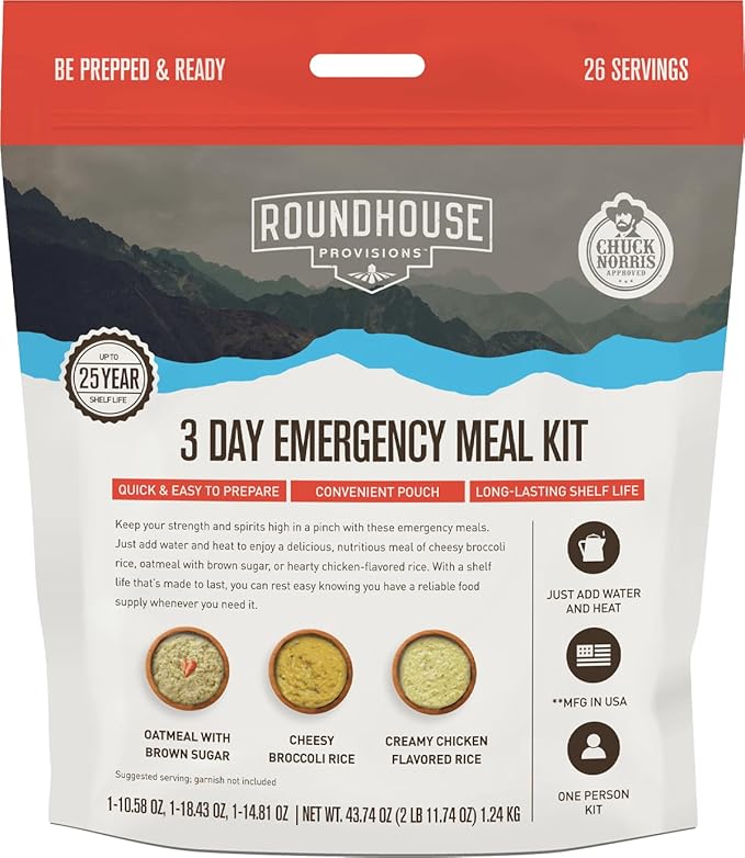 by Chuck Norris Roundhouse Provisions 3 Day, 26 servings Emergency Meal Kit, Grab-and-Go, Premade