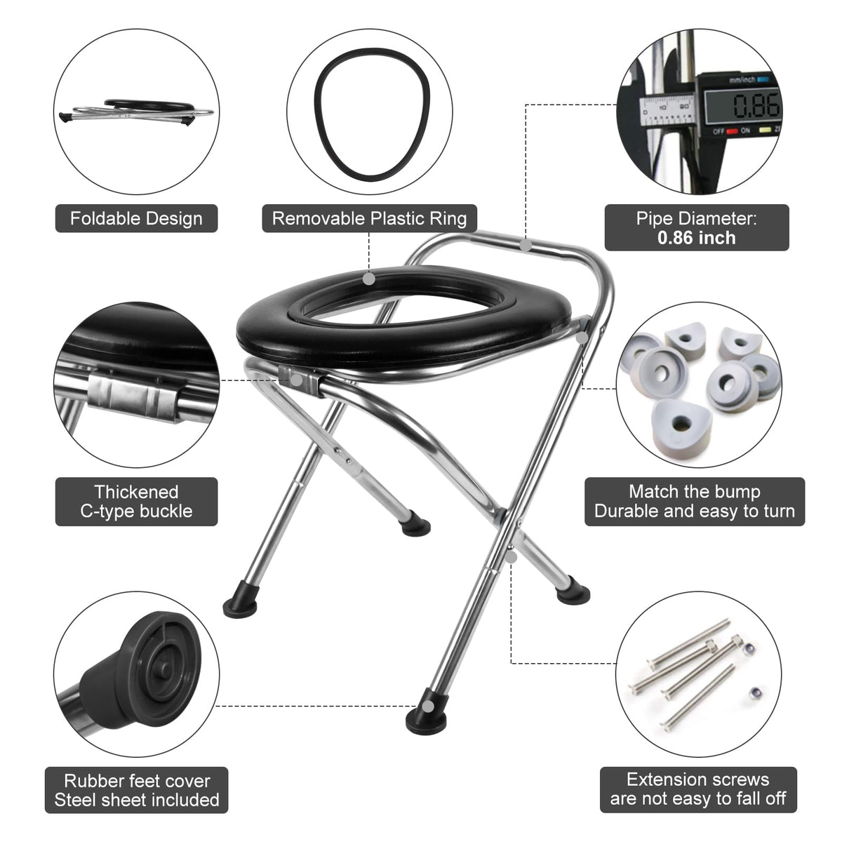 BLIKA Portable Toilet for Camping, 350LBS Stainless Steel Foldable Camp Travel Toilet with Soft