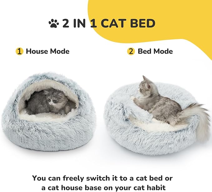 CATISM Cozy Cat Pod - Plush Hooded Cat Bed Cave, Self Warming, Removable Washable with Non-Slip