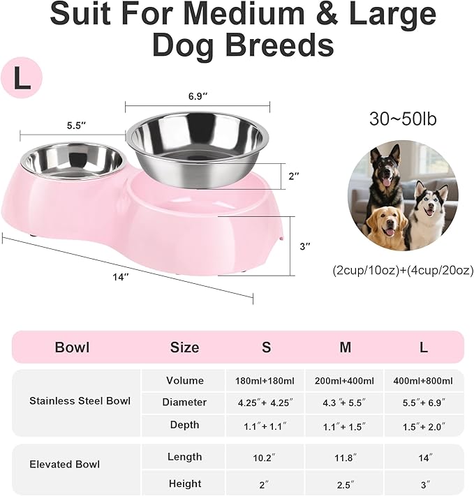 Elevated Dog Bowls Set - Non-Slip Raised Pet Feeder with Medium (10 oz) & Large (20 oz) Stainless