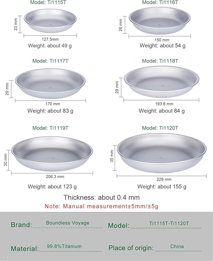 Boundless Voyage Titanium Camping Plate Dishes Saucer Lightweight Round Dinnerware Set Stackable