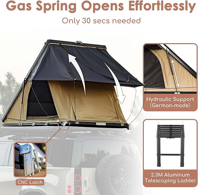 Hardshell Rooftop Tent, Roof Top Tent for 2-3, with Aluminium Ladder, Skyview Window, Mattress, LED