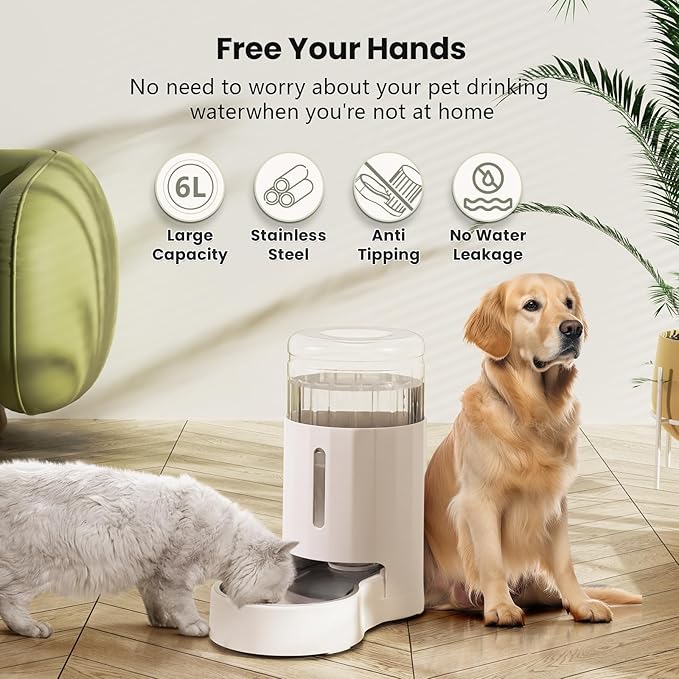 CZPET Automatic 6L Dog and Cat Water Dispenser with Stainless Steel Bowl Gravity Waterer,100%