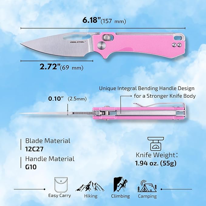 REALSTEEL VIS Pocket Knife, Folding Knife, Crossbar Lock, 2.72" Small 12C27 Steel Satin Plain