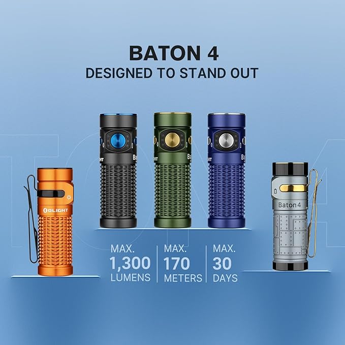 OLIGHT Baton4 Rechargeable EDC Flashlight, Bright LED Flashlight 1300 Lumens with Charging Cable